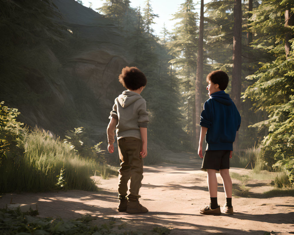 Two boys in a forest with tall trees and sunlight.