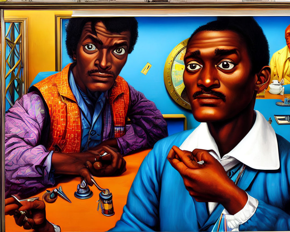 Vivid stylized painting of two men playing chess