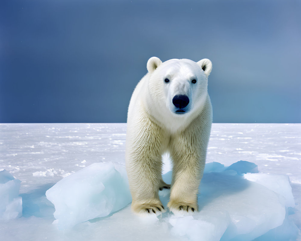 Polar bear on melting ice floe under cloudy sky