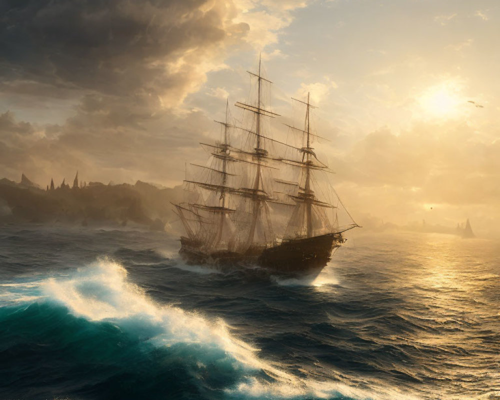 Tall ship sailing on turbulent blue waves under golden sunlight