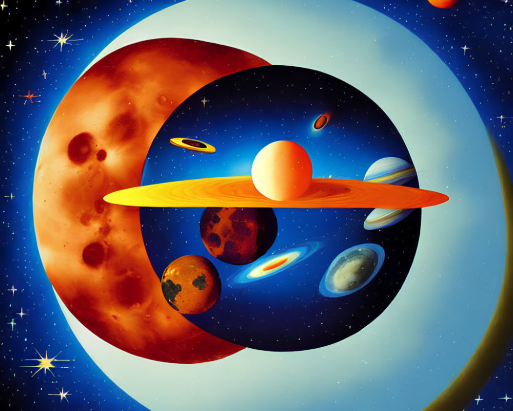 Colorful surreal solar system with oversized planets and stars on deep blue background