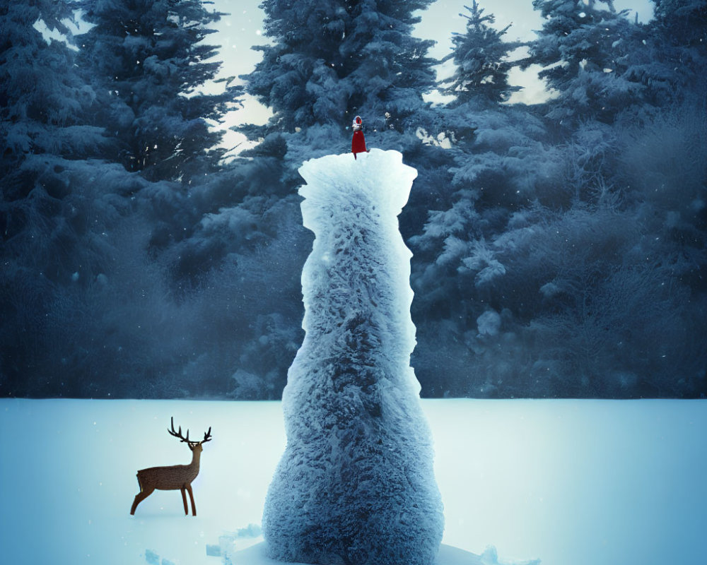 Person on Frost-Covered Rock Pillar in Snowy Landscape