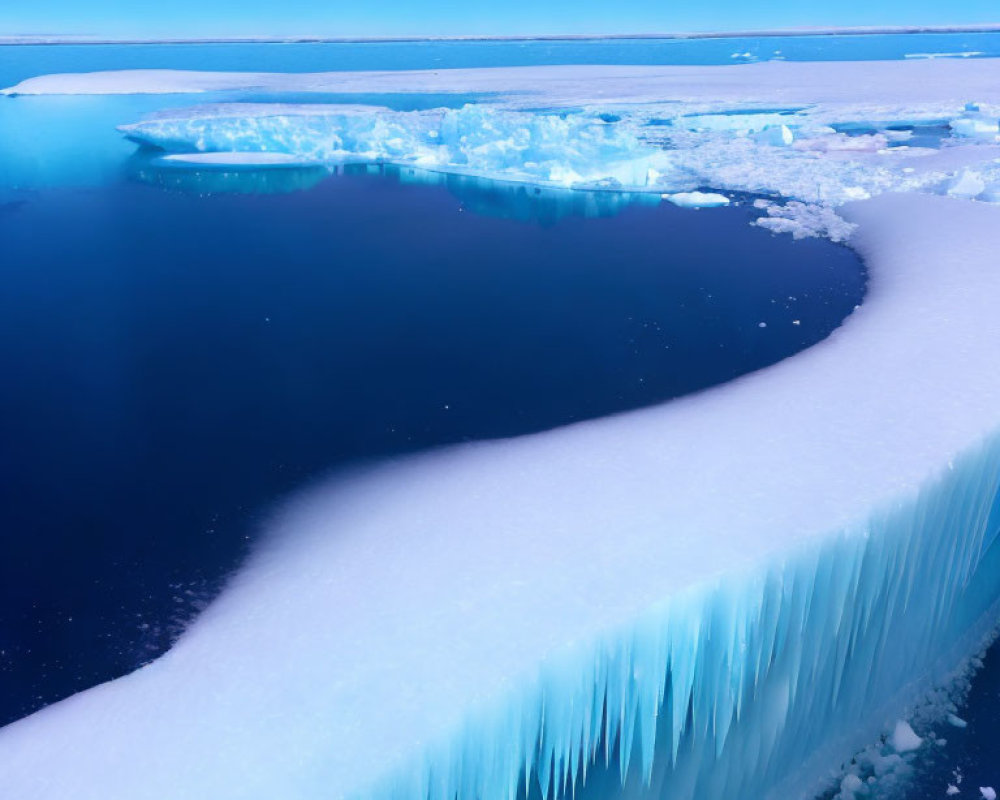 Jagged icicles on ice shelf over dark ocean water