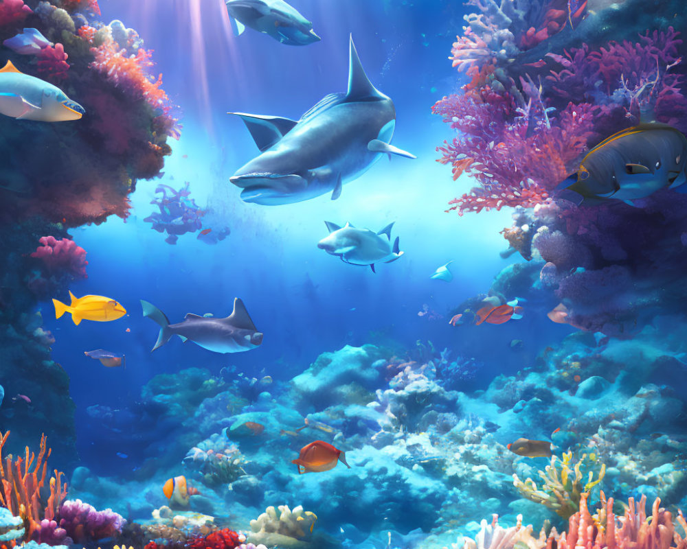 Colorful Underwater Scene with Diverse Fish and Corals