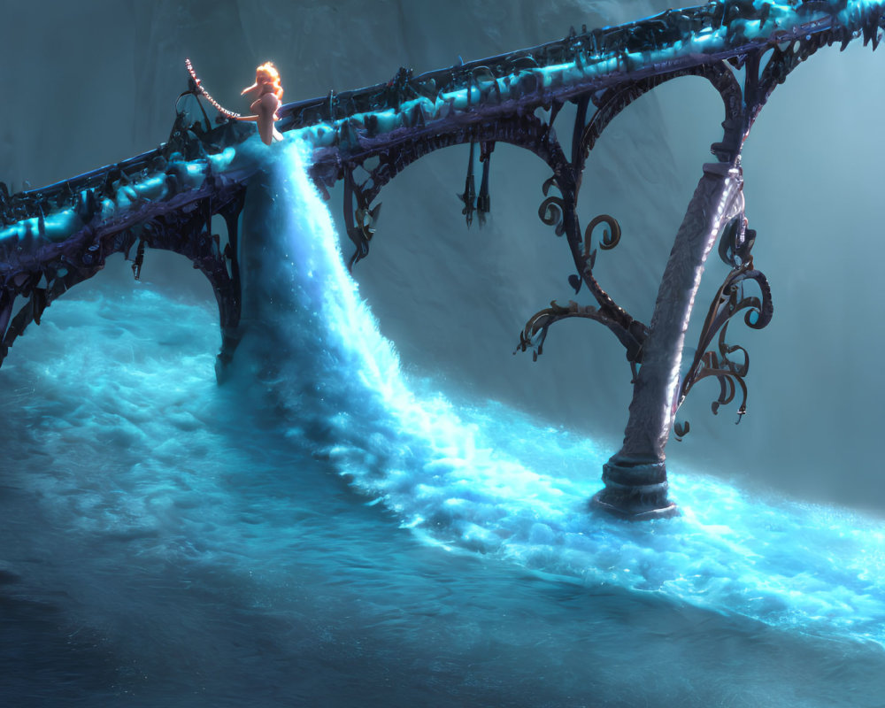 Blonde-Haired Animated Character on Ornate Bridge in Icy Landscape