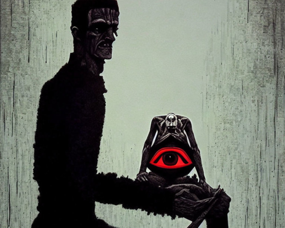 Detailed profile view of Frankenstein's monster holding a small skeletal figure with a striking red eye