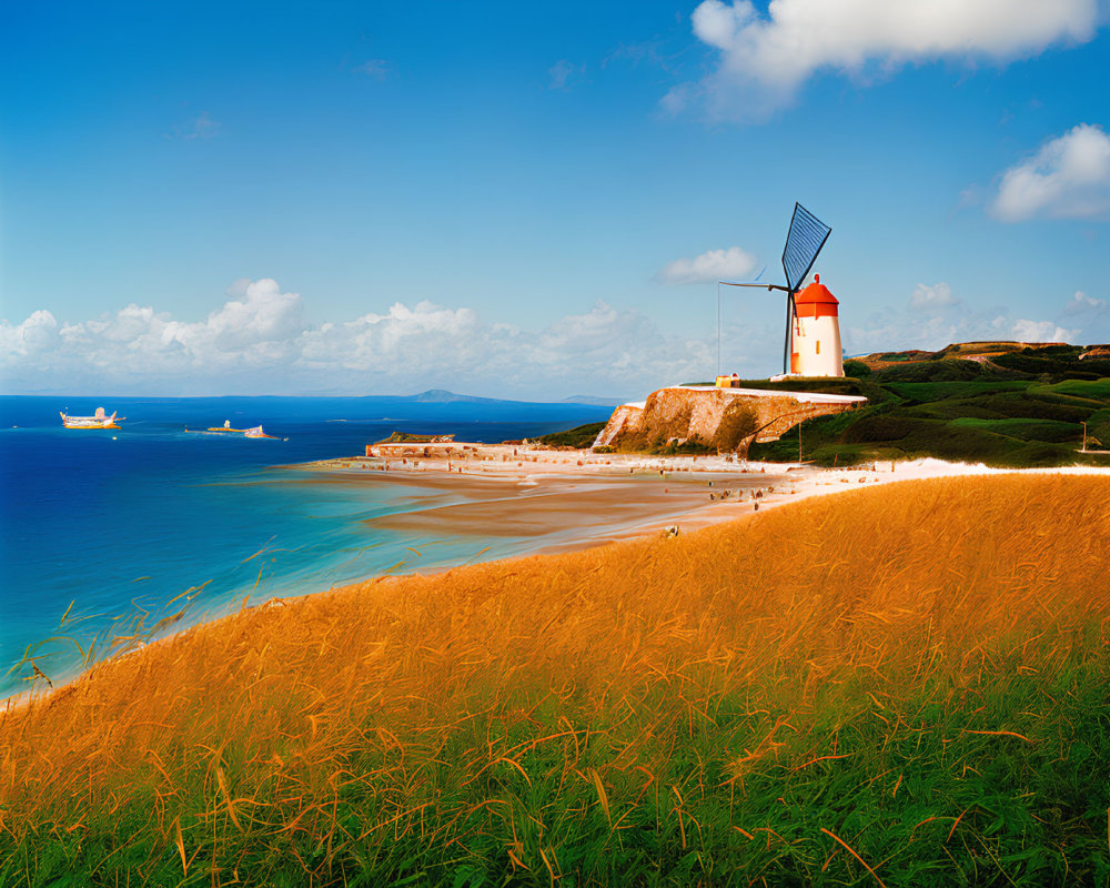 Red-roofed windmill overlooking golden beach and ships under clear blue sky