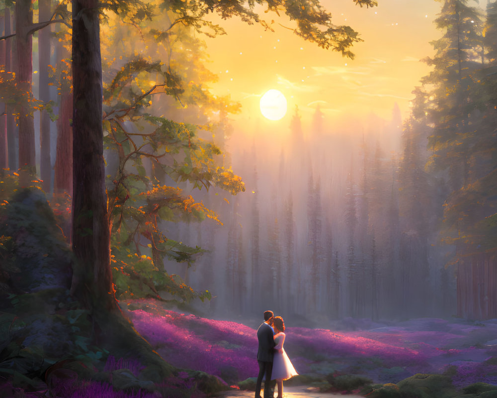 Couple embracing in sunlit forest clearing with purple flowers and sunrise