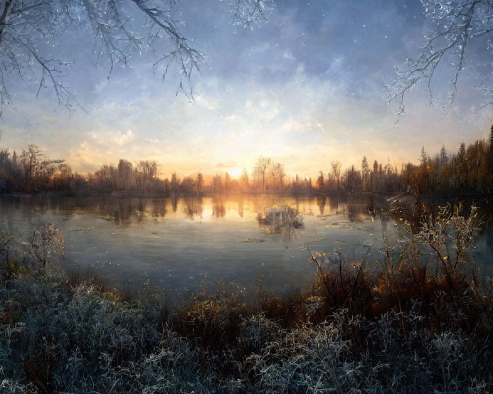 Tranquil winter landscape with frost-covered trees and serene lake