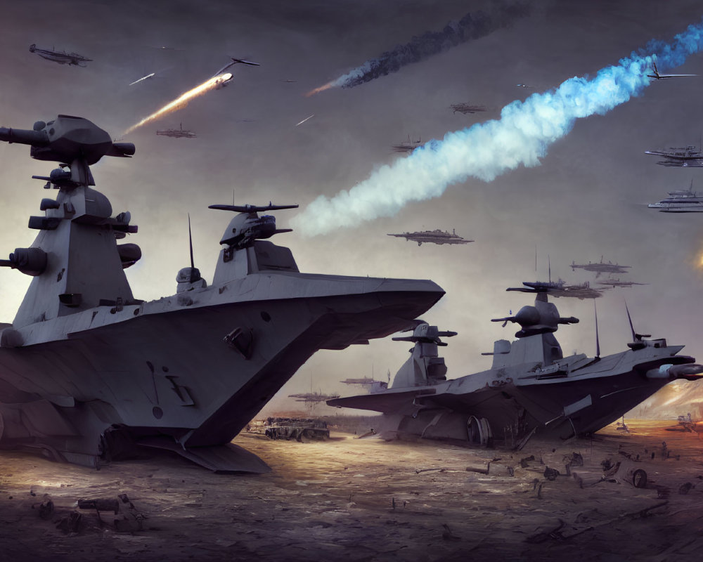 Futuristic warships and aircraft in explosive conflict on barren battleground