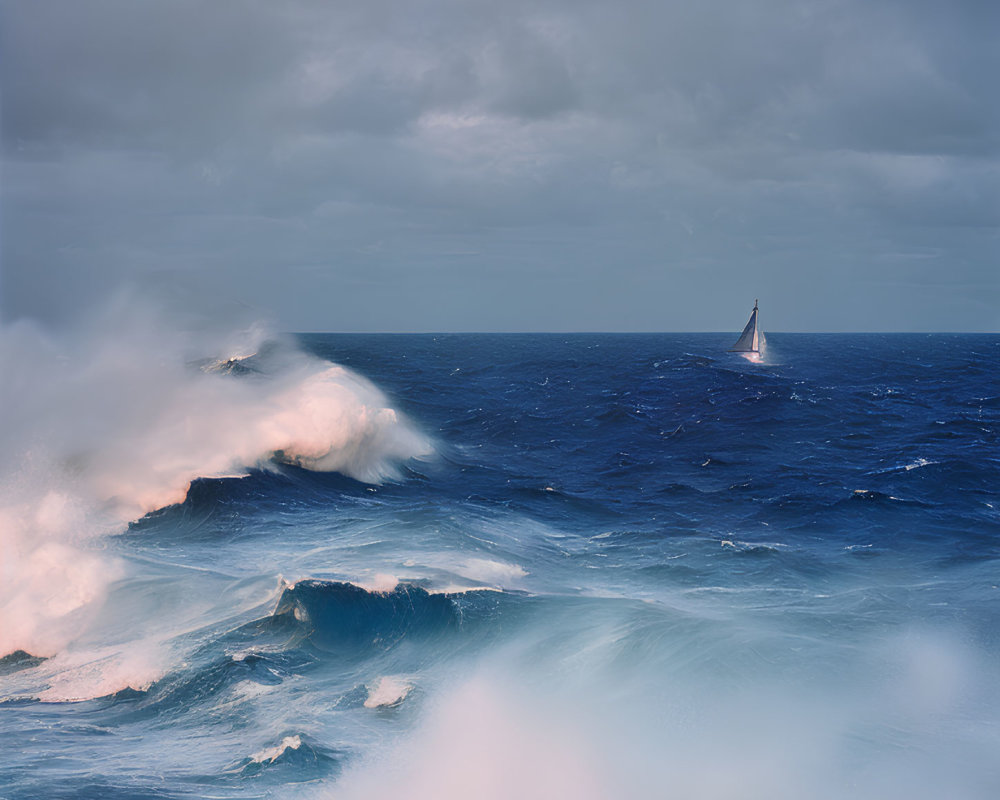 Sailboat navigating turbulent sea with towering waves and dramatic sky