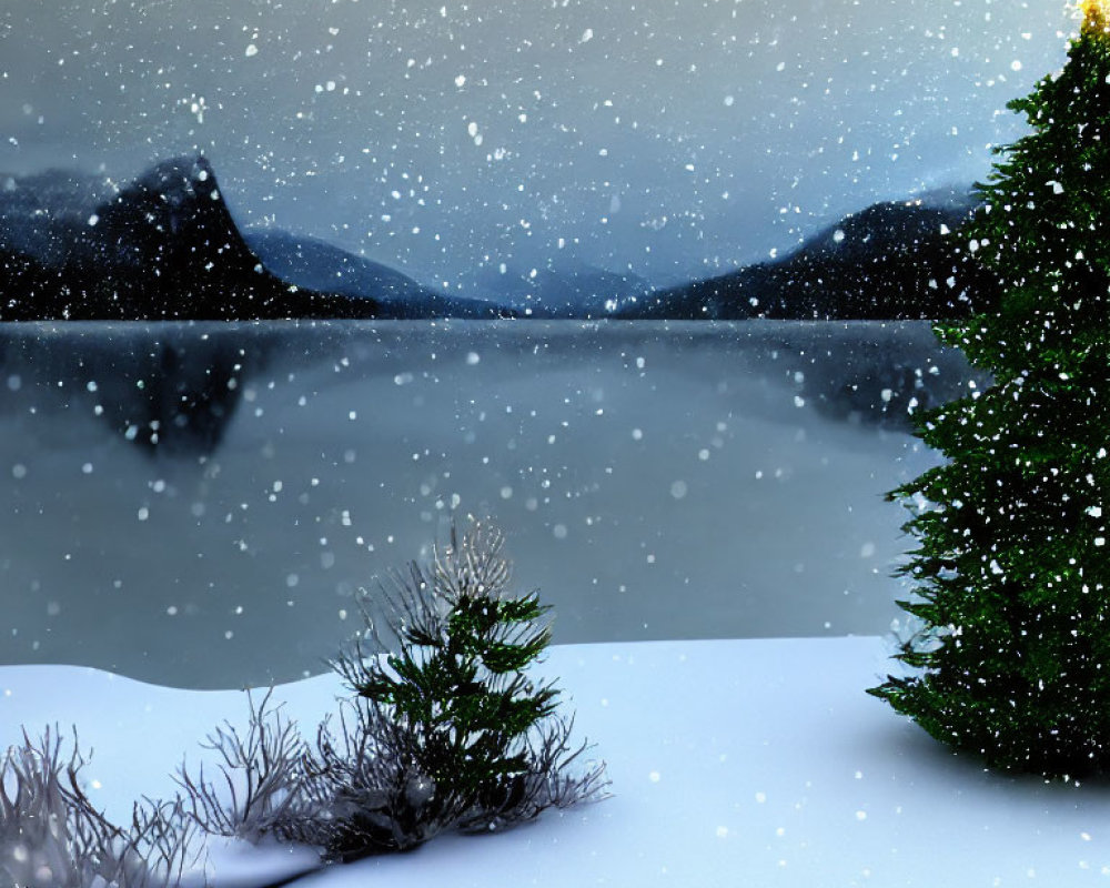 Winter landscape with evergreen bush, lake, mountains, and falling snow