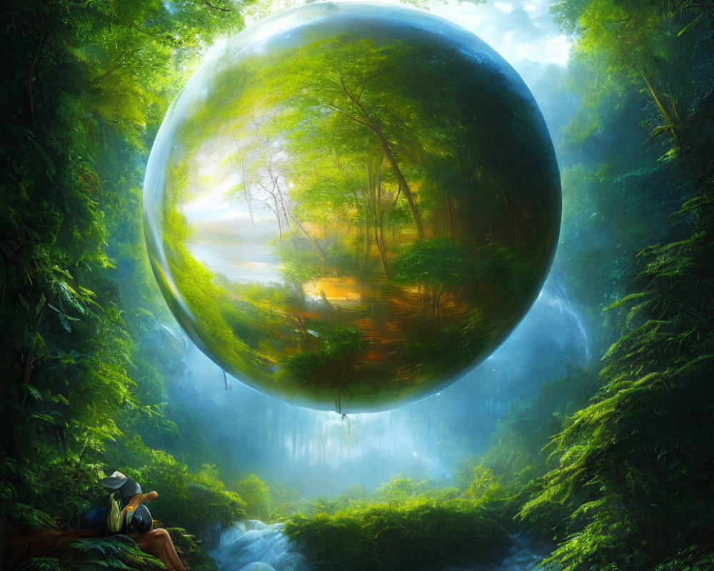 Person admires orb reflecting serene forest scene by river