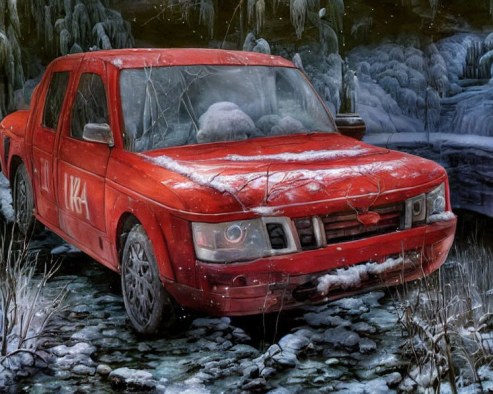 Red abandoned car in snowy, icy winter landscape