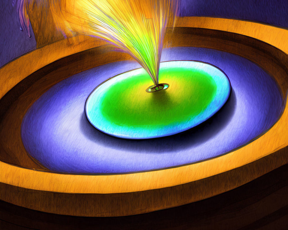 Colorful digital artwork of a glowing green circular portal with radiant orange and yellow energy beams, surrounded by