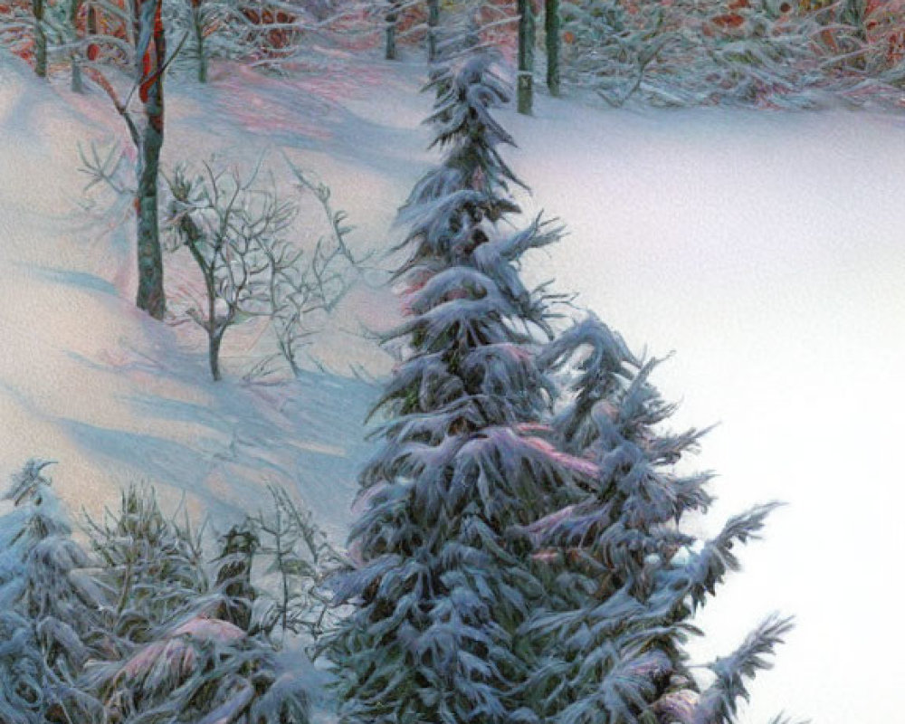 Snow-covered evergreen in wintry forest scene under twilight glow