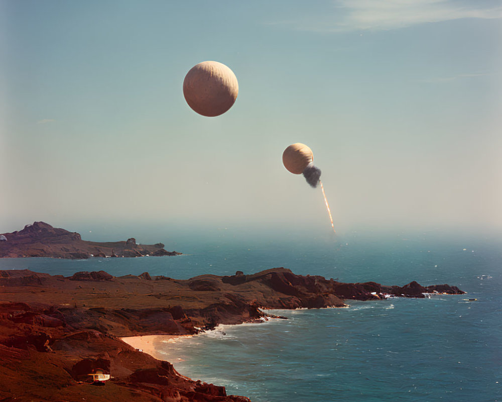 Spherical Objects Hovering Above Coastal Scene