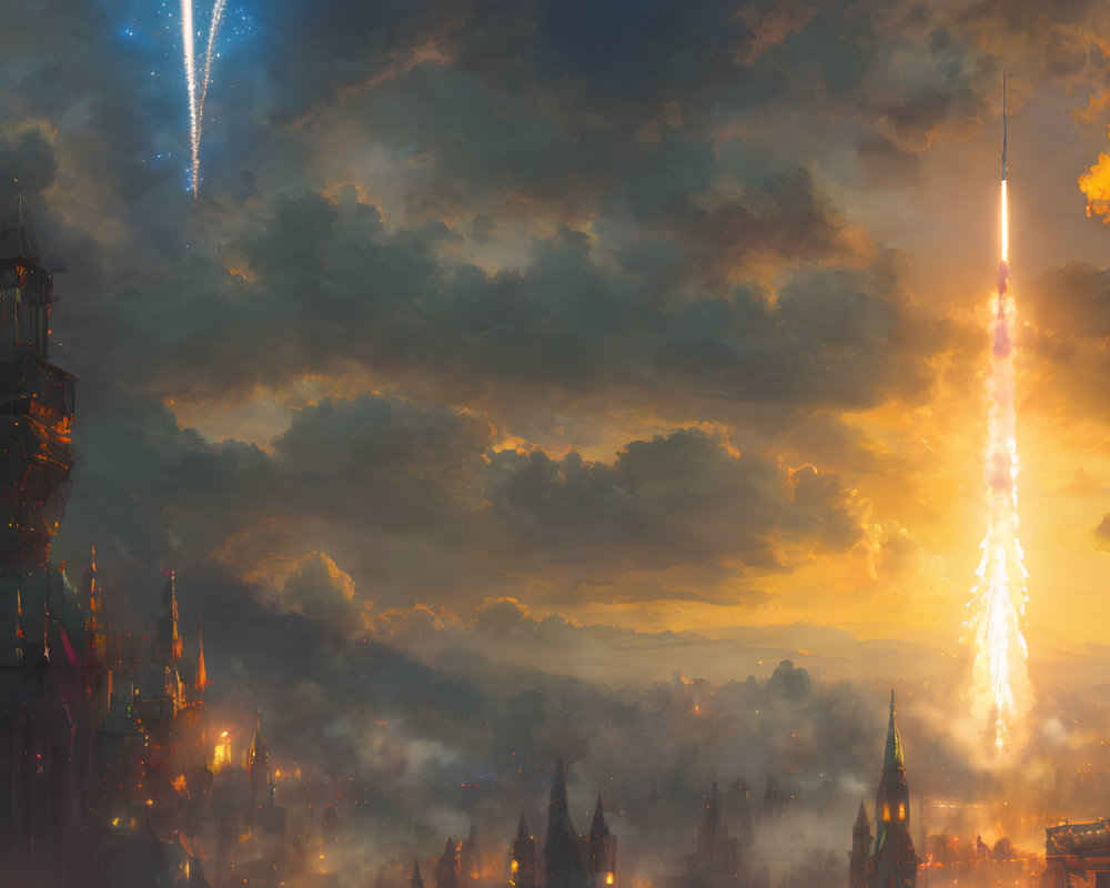 Fantastical cityscape at dusk with spires and launching rockets