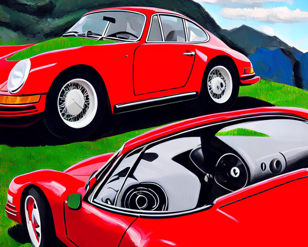 Two Red Vintage Porsche Cars in Front of Vibrant Landscape