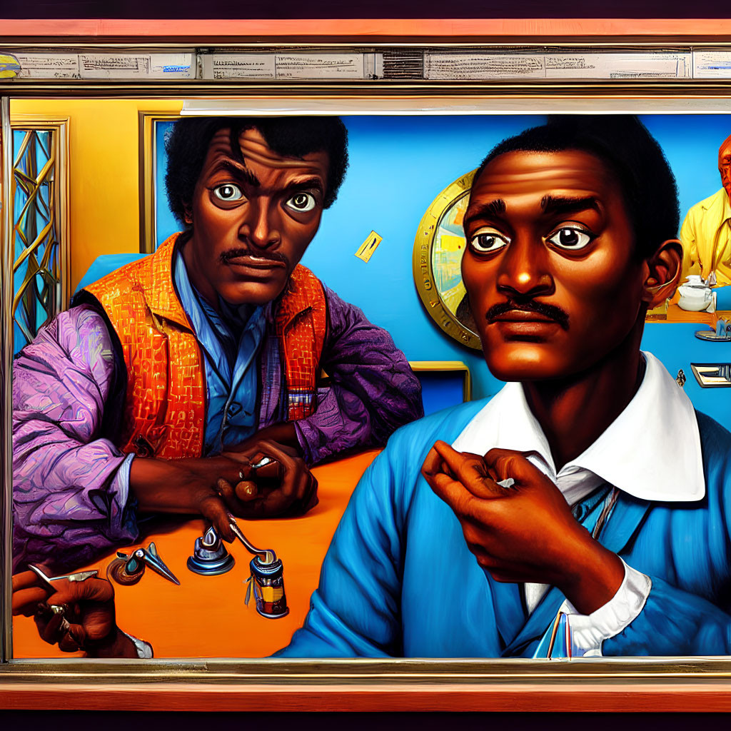 Vivid stylized painting of two men playing chess