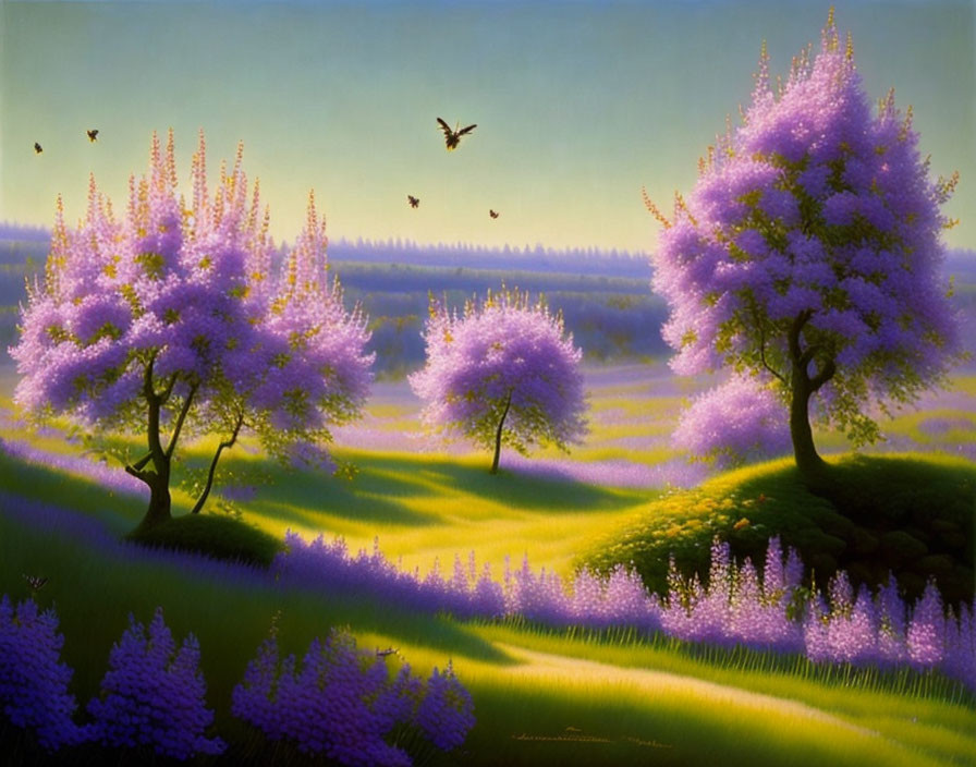 Vibrant purple blooming trees in lush landscape with green field and flying birds.