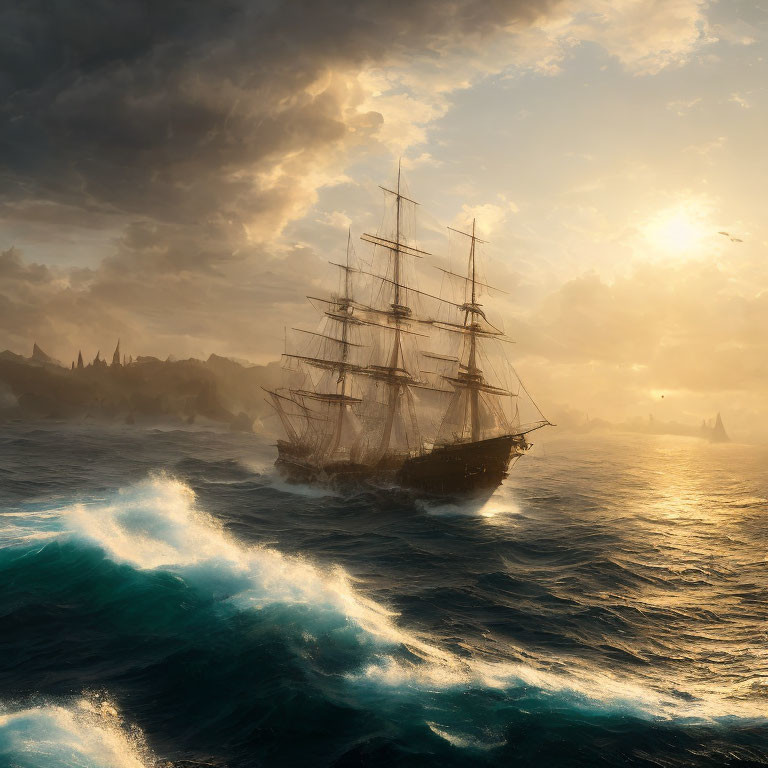 Tall ship sailing on turbulent blue waves under golden sunlight