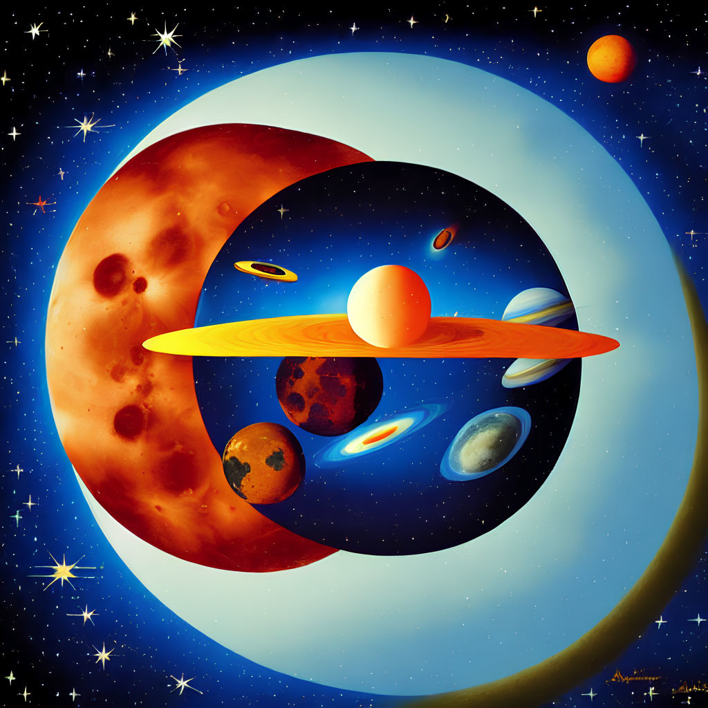 Colorful surreal solar system with oversized planets and stars on deep blue background