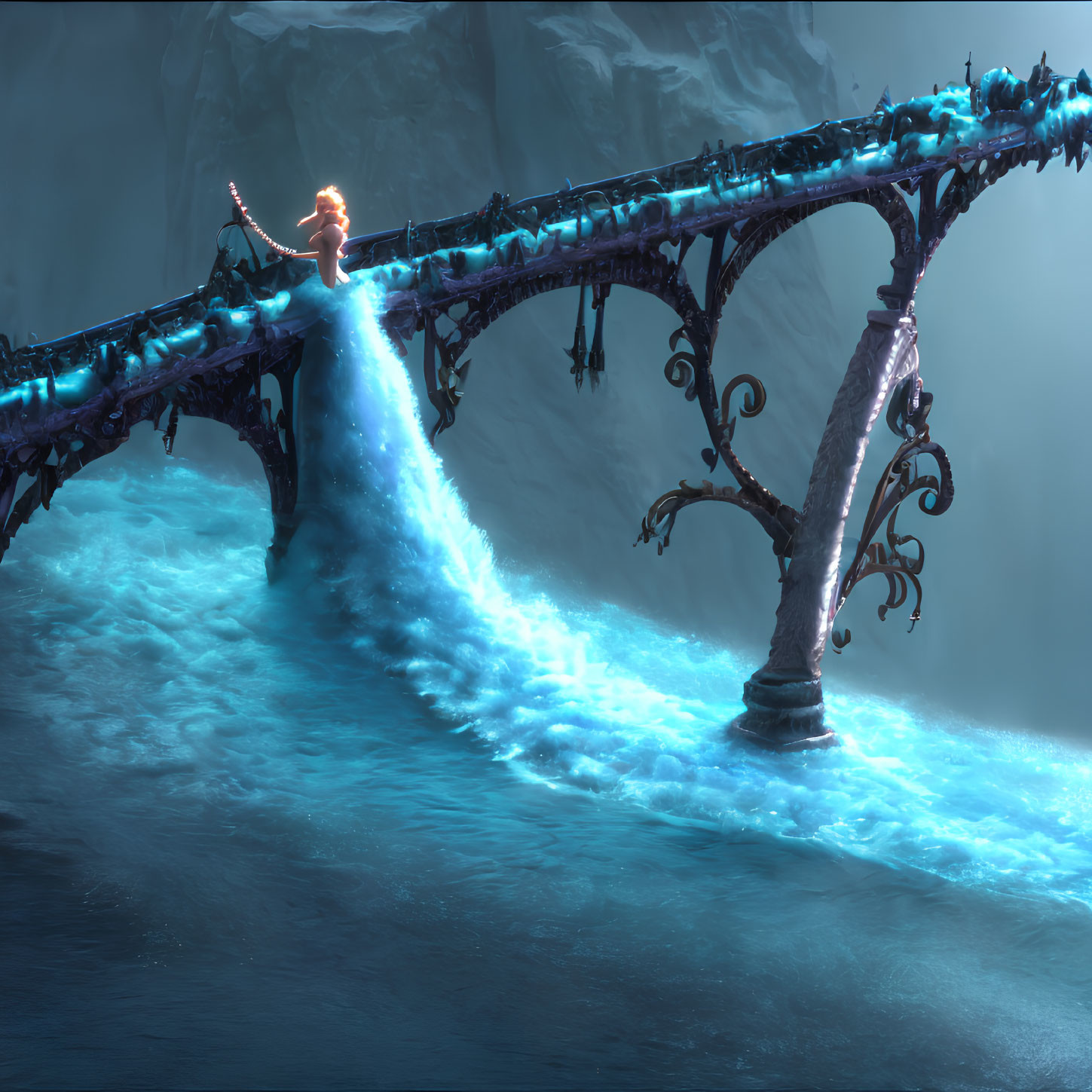 Blonde-Haired Animated Character on Ornate Bridge in Icy Landscape