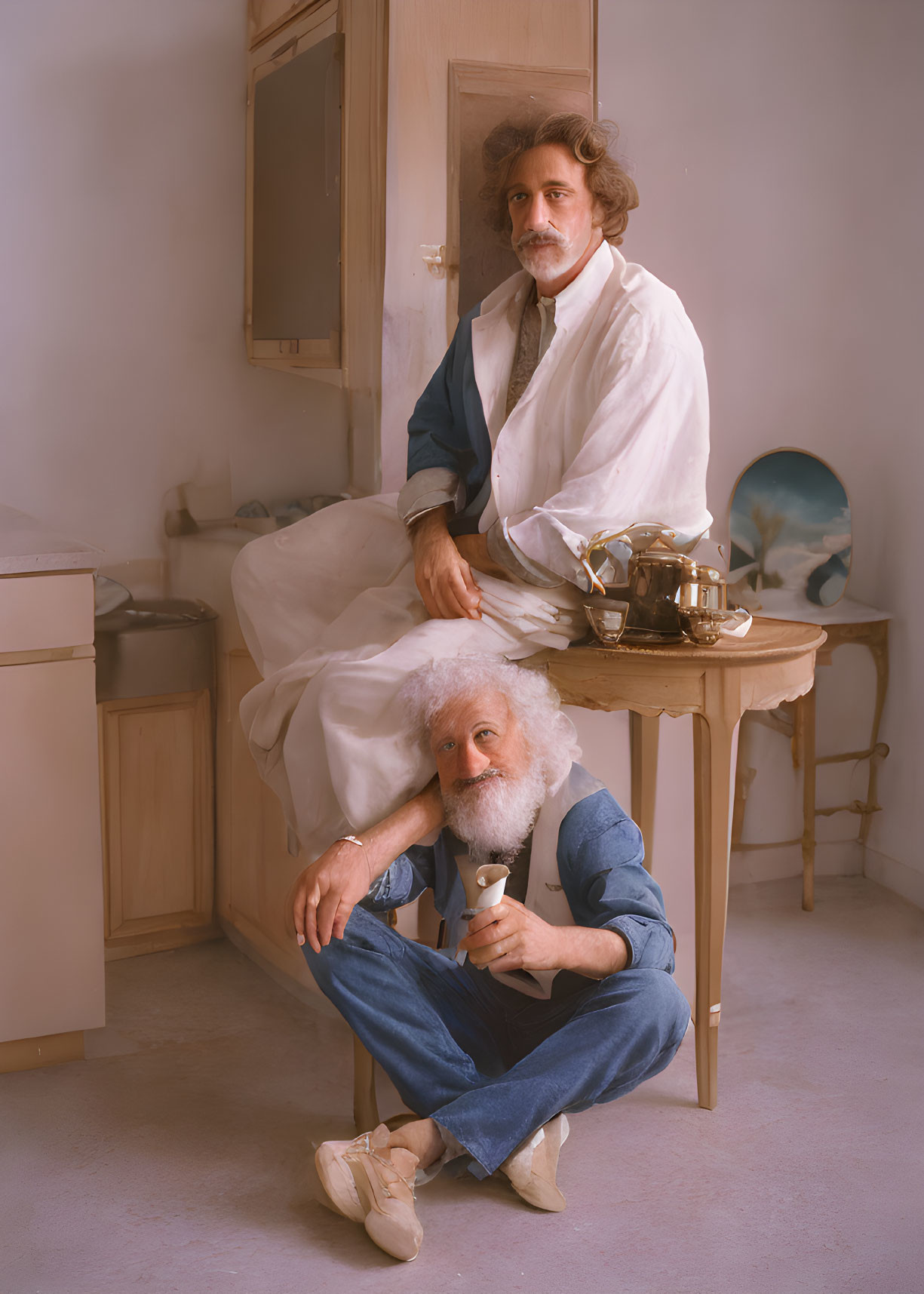 Vintage aesthetic room with two men, one standing with white drape, the other seated with white beard