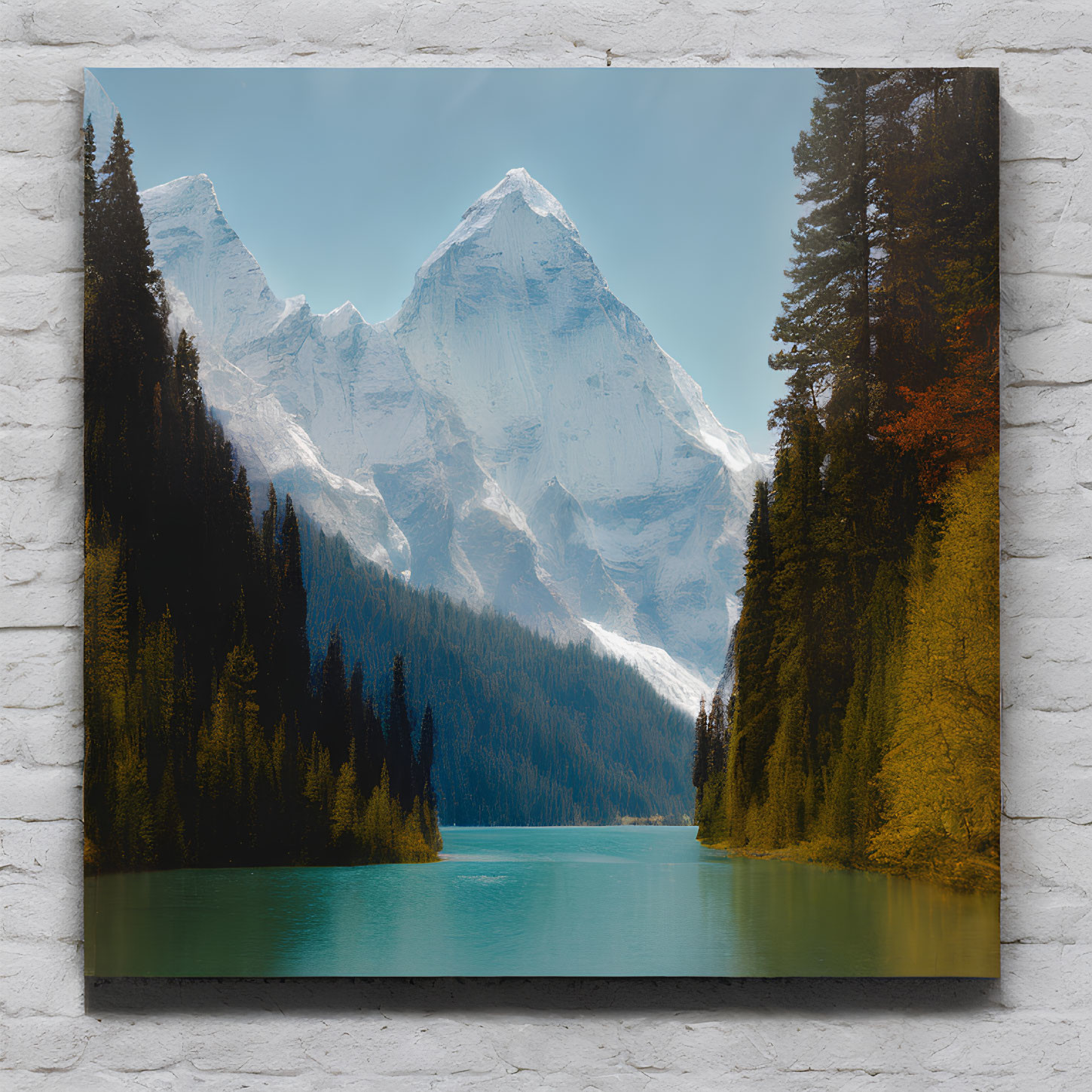 Mountain landscape canvas print on white brick wall