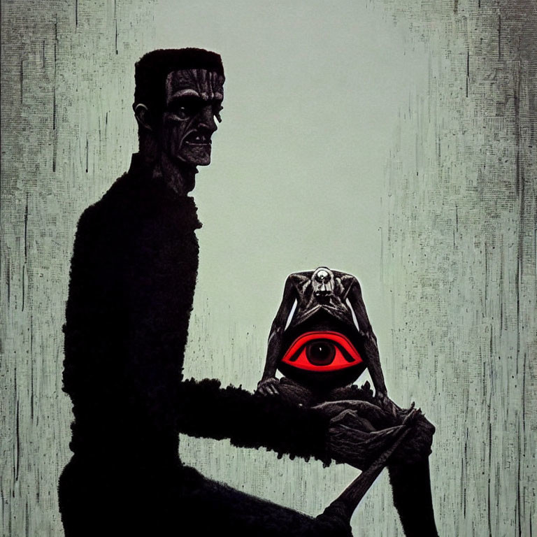 Detailed profile view of Frankenstein's monster holding a small skeletal figure with a striking red eye