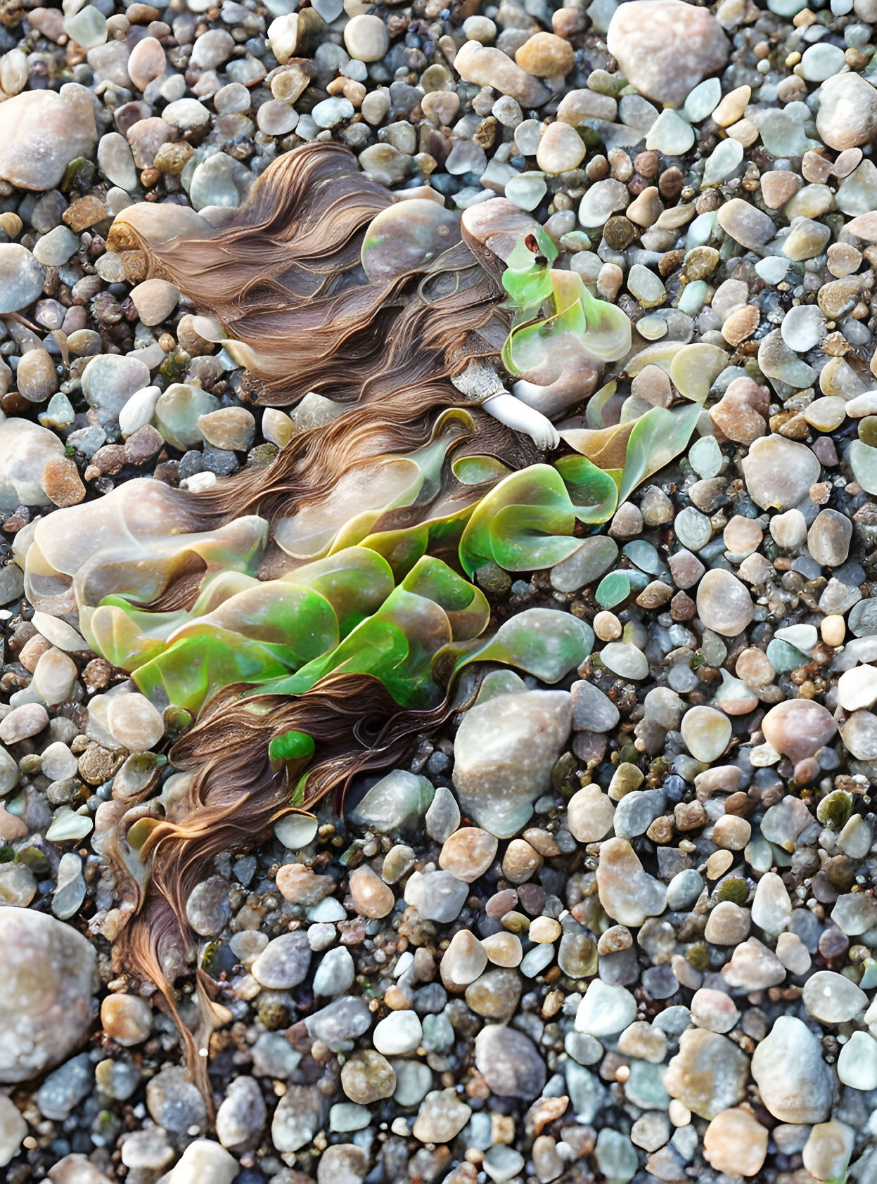 Brown hair intertwined with green glass on pebbled beach resembles seaweed or mermaid tail