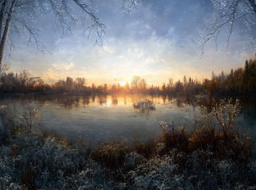 Tranquil winter landscape with frost-covered trees and serene lake