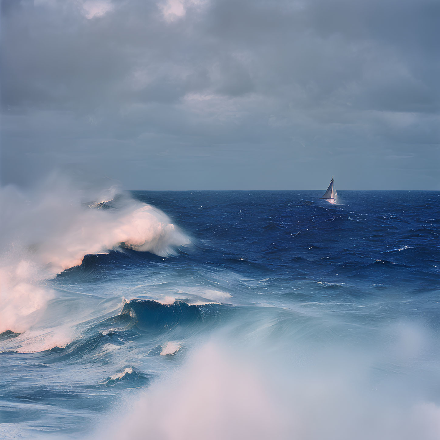 Sailboat navigating turbulent sea with towering waves and dramatic sky