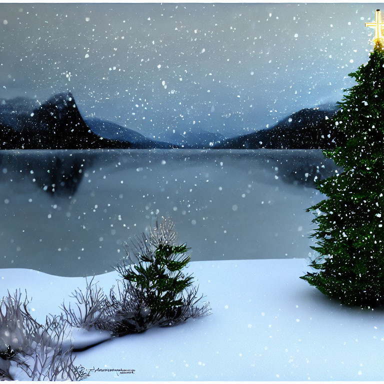 Winter landscape with evergreen bush, lake, mountains, and falling snow