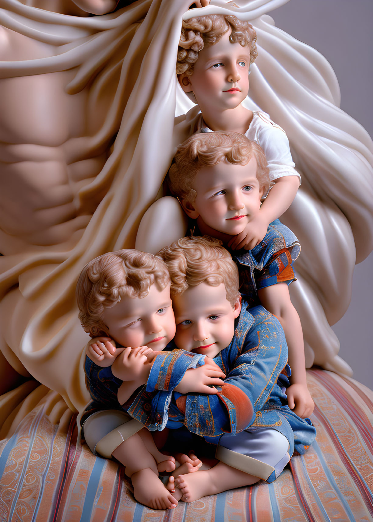 Curly-Haired Children Embracing in Denim Clothes with Classical Sculpture Backdrop