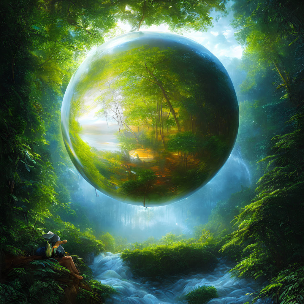 Person admires orb reflecting serene forest scene by river