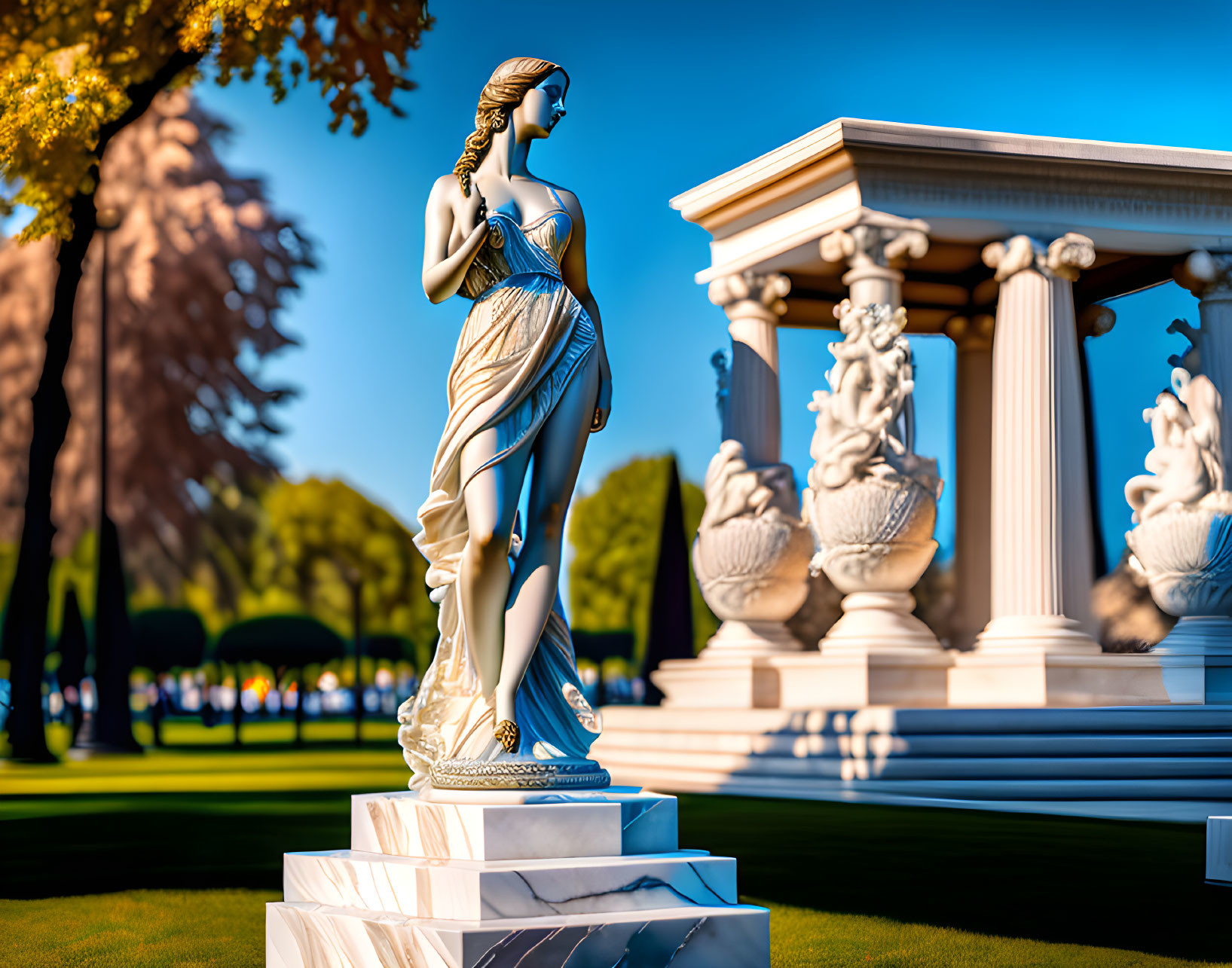 Classical statue of a woman in park with trees and gazebo under blue sky