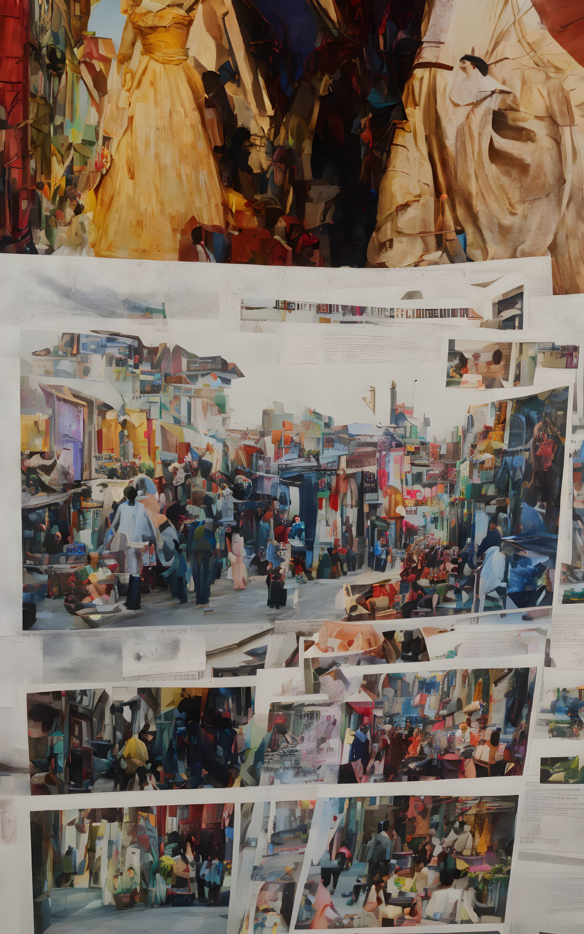 Colorful Abstract and Realistic Urban Collage of Market Scenes and Streets