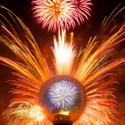 Colorful fireworks illuminate night sky above building silhouette