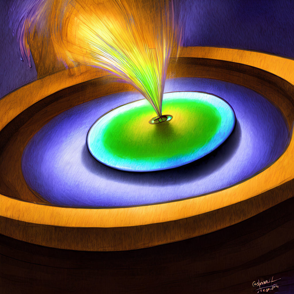 Colorful digital artwork of a glowing green circular portal with radiant orange and yellow energy beams, surrounded by