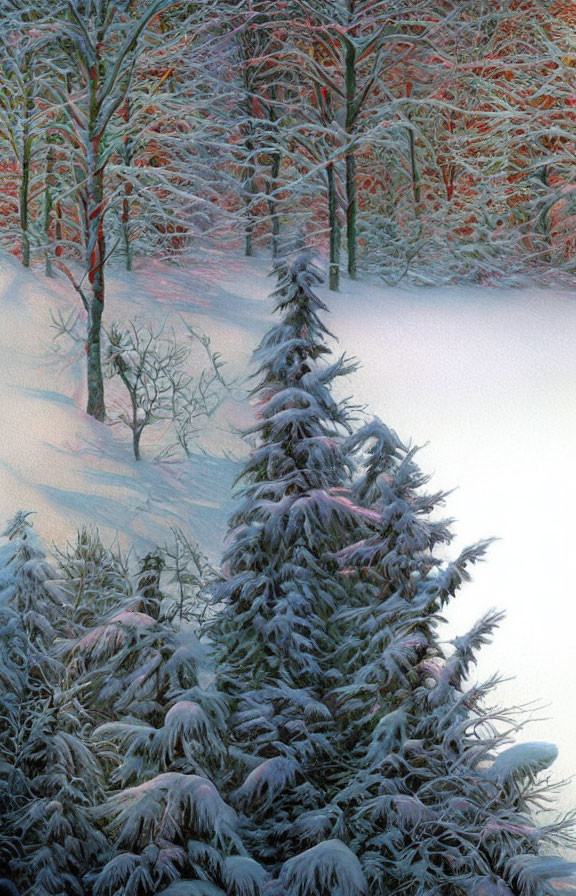 Snow-covered evergreen in wintry forest scene under twilight glow