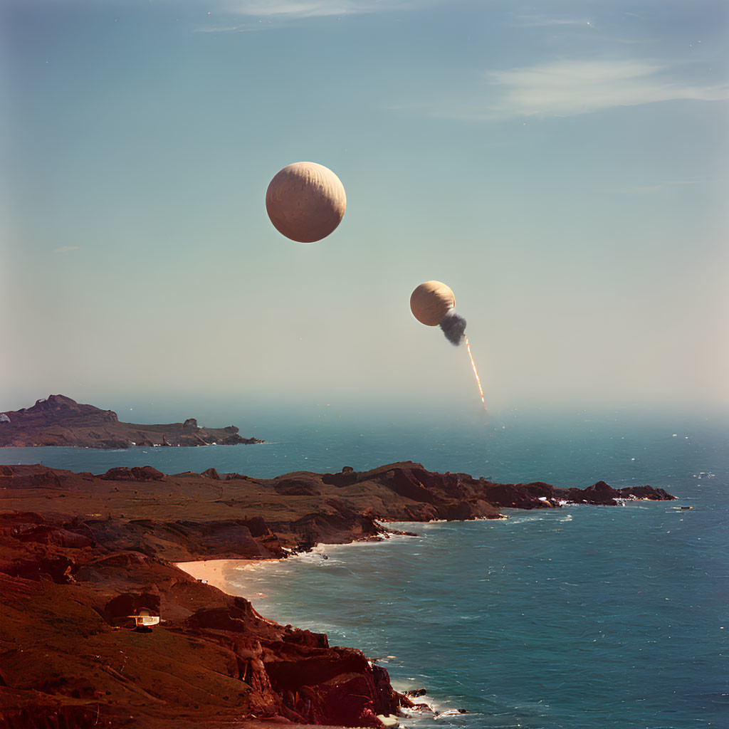 Spherical Objects Hovering Above Coastal Scene