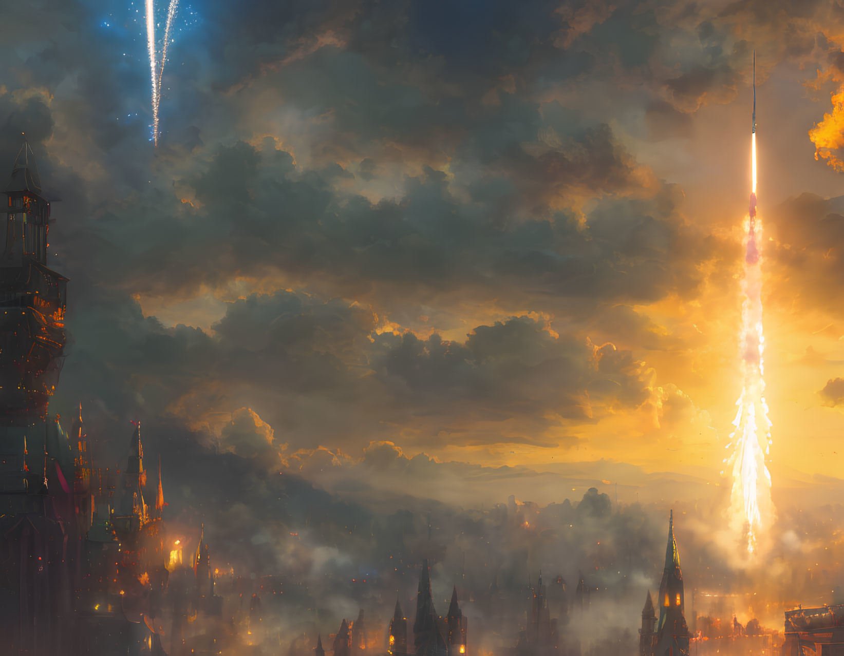 Fantastical cityscape at dusk with spires and launching rockets