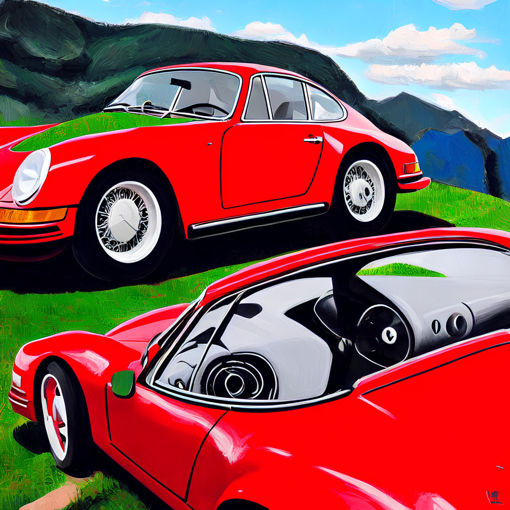 Two Red Vintage Porsche Cars in Front of Vibrant Landscape