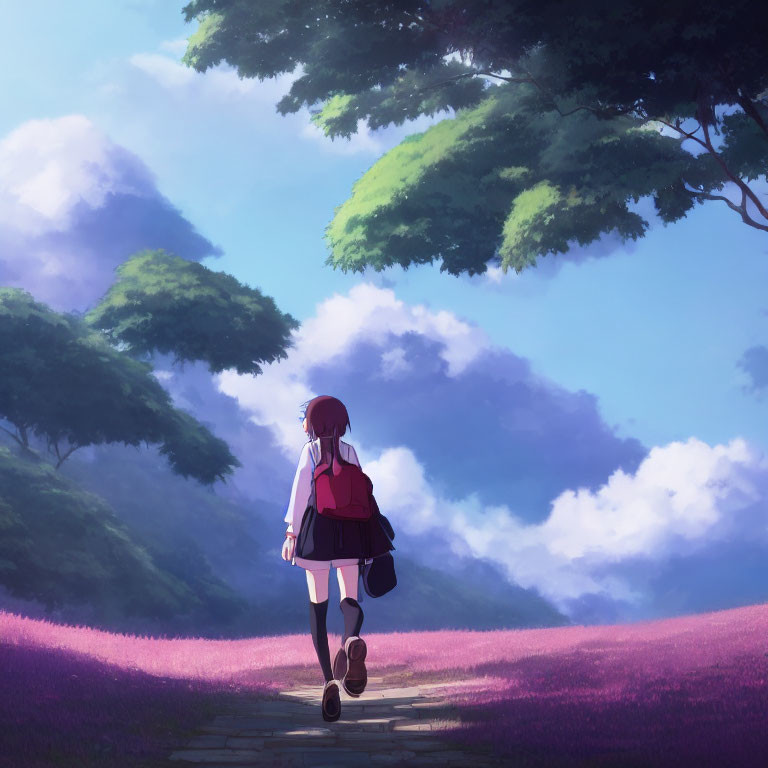 Girl with Red Backpack Walking in Purple Flower Field