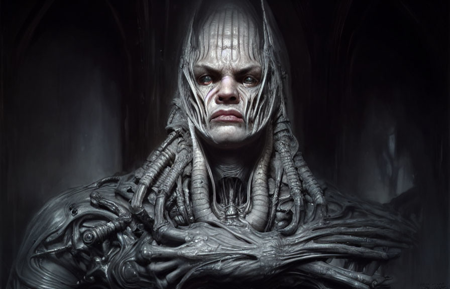 Detailed artwork of somber humanoid in intricate alien-like armor with crown-like head structure in dark, Gothic