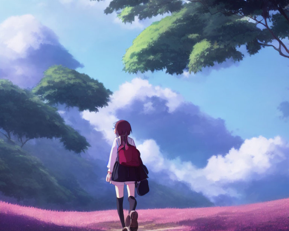 Girl with Red Backpack Walking in Purple Flower Field