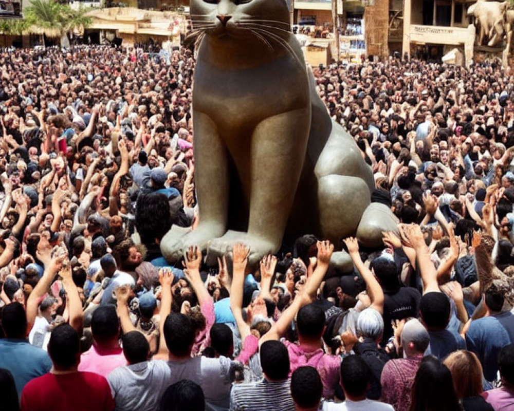 Urban square with crowd facing giant seated cat statue