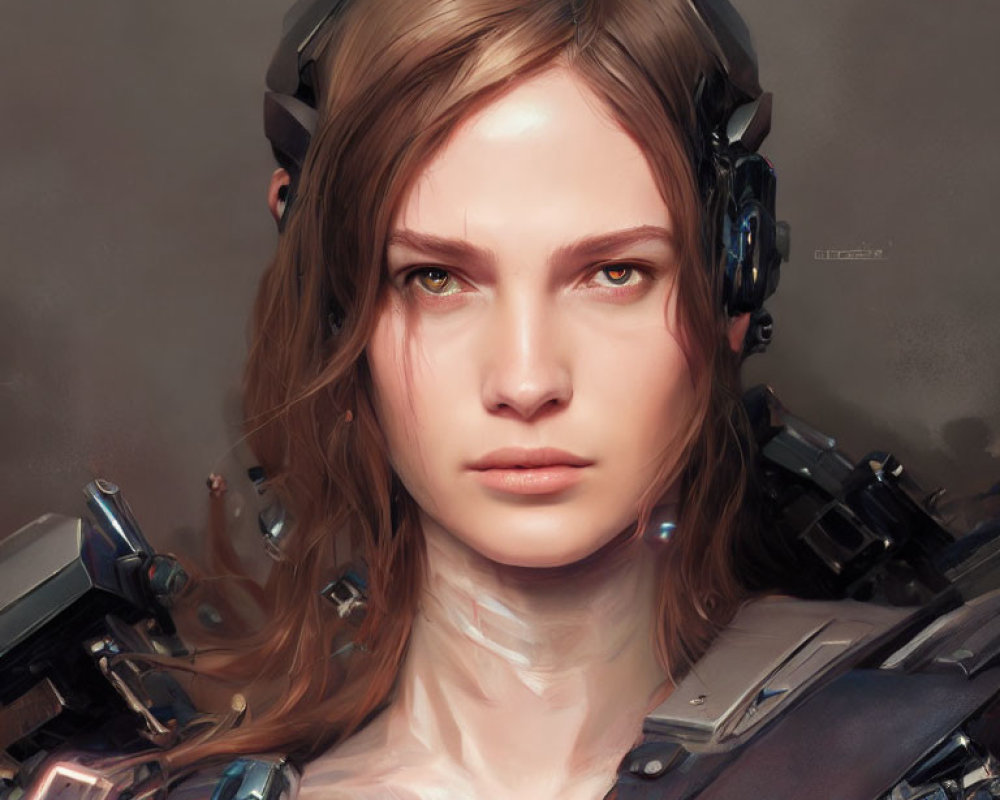 Futuristic digital art portrait of woman with mechanical parts